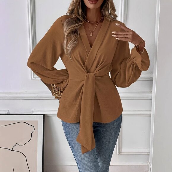 2/$50 Brown Tie-Front Blouse V-Neck Peplum Long Sleeve Top Chic Boho Size M - Picture 7 of 7